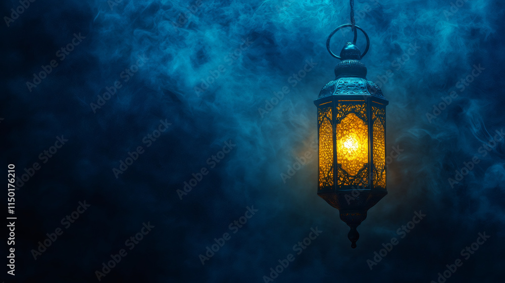 Traditional lantern emitting a warm glow amidst a smoky, dark blue backdrop, creating a serene and spiritual atmosphere for ramadan Traditional lantern emitting a warm glow amidst a smoky, dark blue backdrop, creating a serene and spiritual atmosphere for ramadan