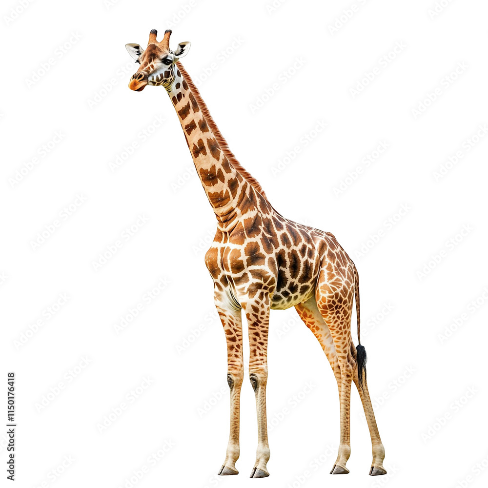Fototapeta premium Angled view full body shot of an extremely perfect looking single Giraffe animal isolated on a white transparent background