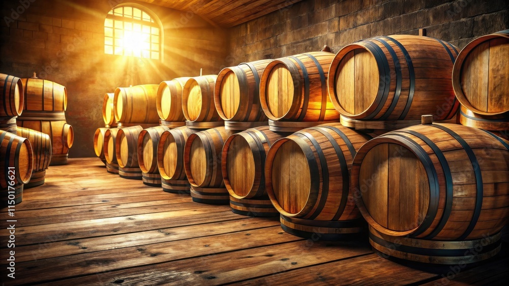 Sunlit Oak Barrels in a Rustic Wooden Cellar, Stacked for Aging Sunlit Oak Barrels in a Rustic Wooden Cellar, Stacked for Aging