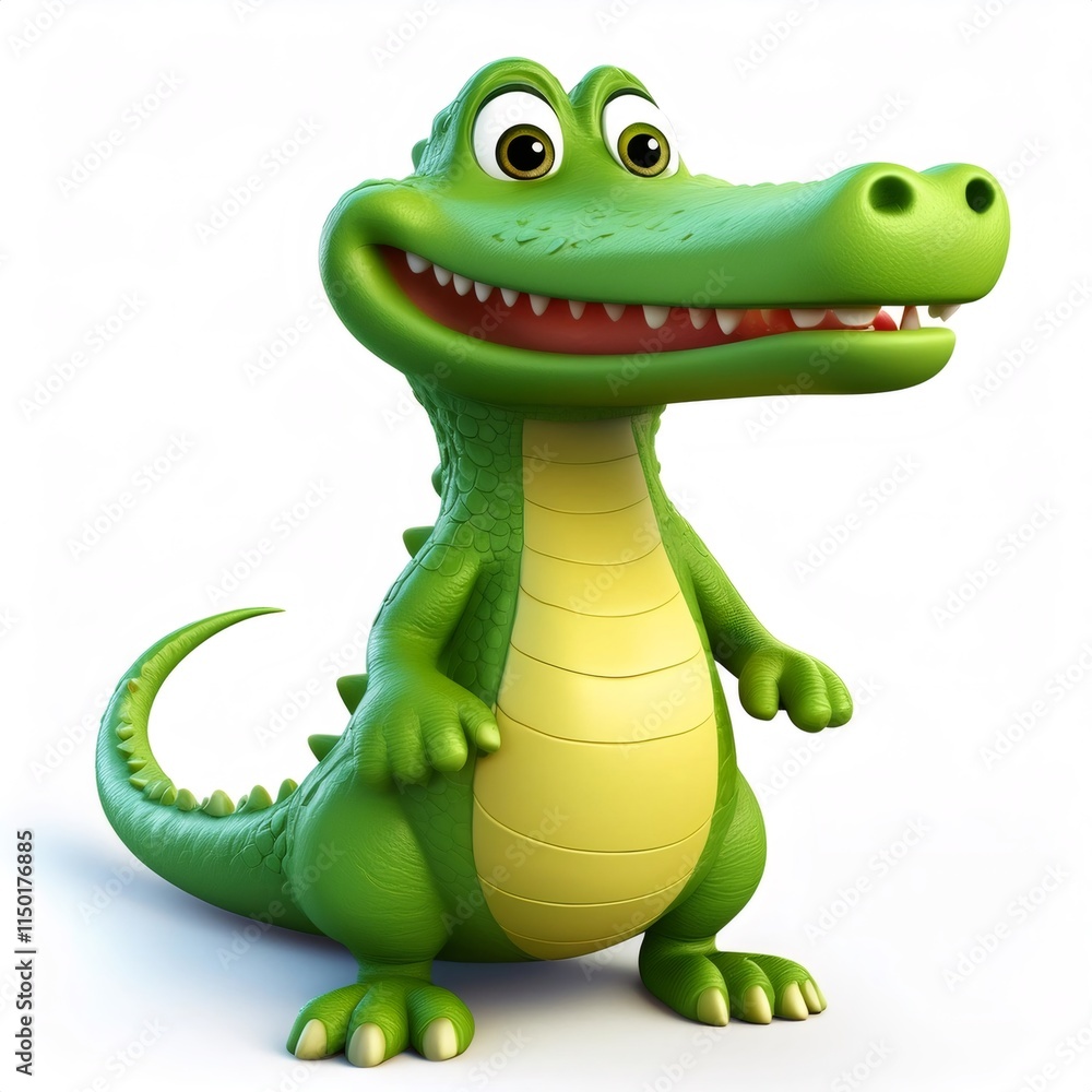Fototapeta premium Green funny cartoon crocodile standing and smiling, isolated on white background, full depth of field