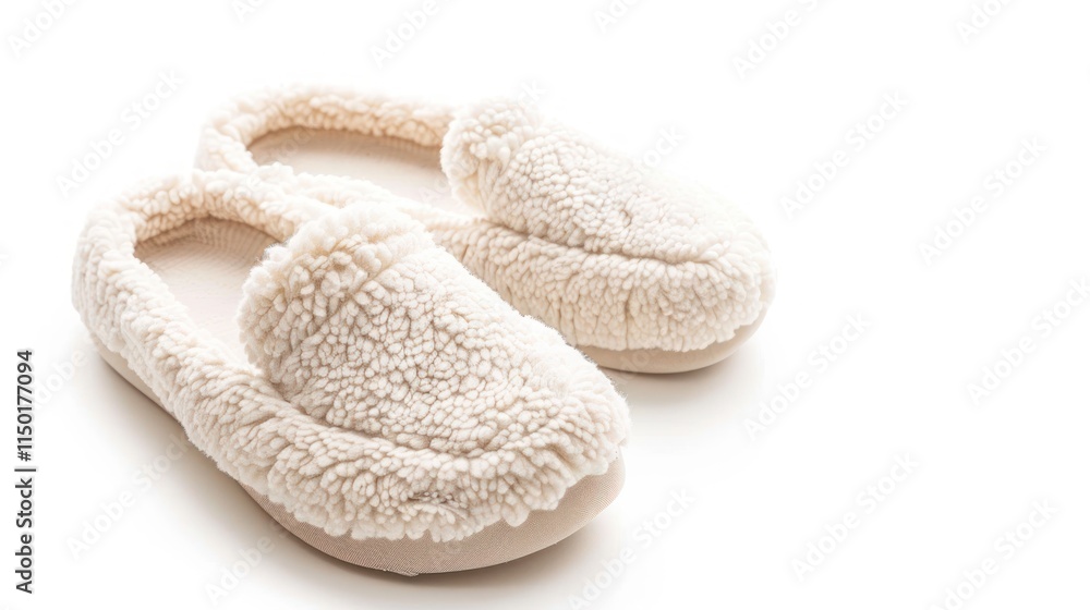 A cozy pair of slippers on white, designed with soft materials for indoor comfort, A cozy pair of slippers on white, designed with soft materials for indoor comfort,