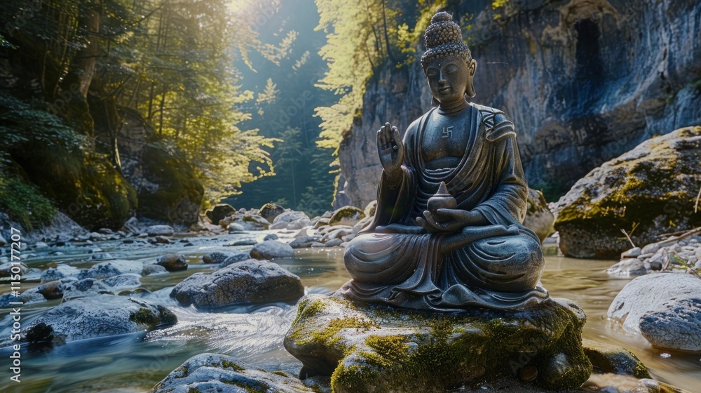 Bhumispara mudra, Buddha Gautama at the moment of enlightenment, statue in a mountain stream, Oytal Valley, Allgaeu, Bavaria, Germany, PublicGround Bhumispara mudra, Buddha Gautama at the moment of enlightenment, statue in a mountain stream, Oytal Valley, Allgaeu, Bavaria, Germany, PublicGround