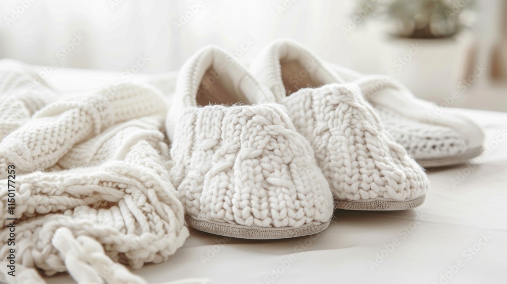 A cozy pair of slippers on white, designed with soft materials for indoor comfort, A cozy pair of slippers on white, designed with soft materials for indoor comfort,