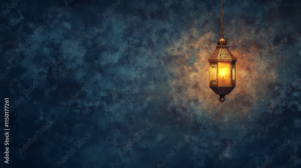 Metallic lantern casting warm light on textured dark blue wall, capturing the spiritual ambiance of ramadan Metallic lantern casting warm light on textured dark blue wall, capturing the spiritual ambiance of ramadan