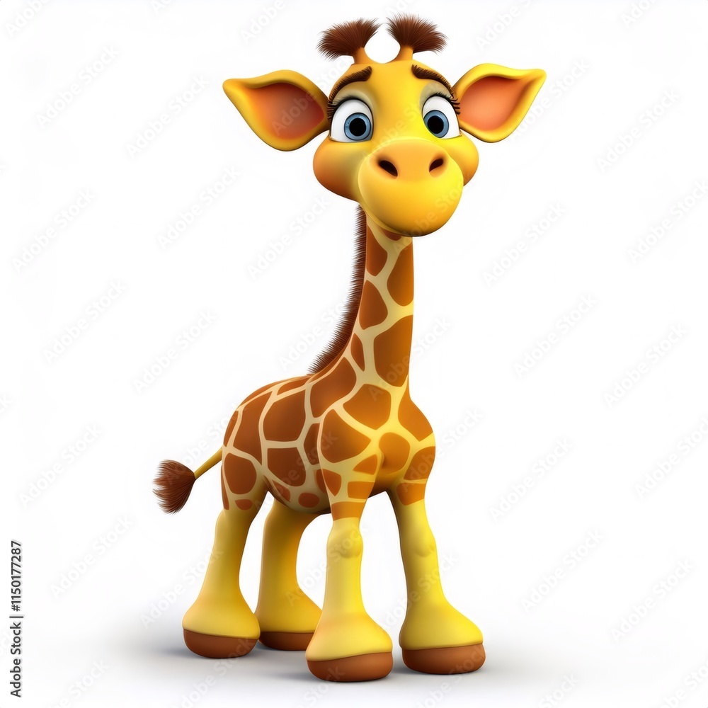 Obraz premium Adorable 3D cartoon giraffe standing on a white background, perfect for children's projects and designs