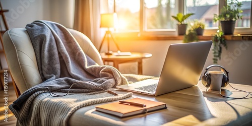 Minimalist Online Learning Setup with Laptop, Headphones, Notebook, and Cozy Blanket in Well-Lit Room