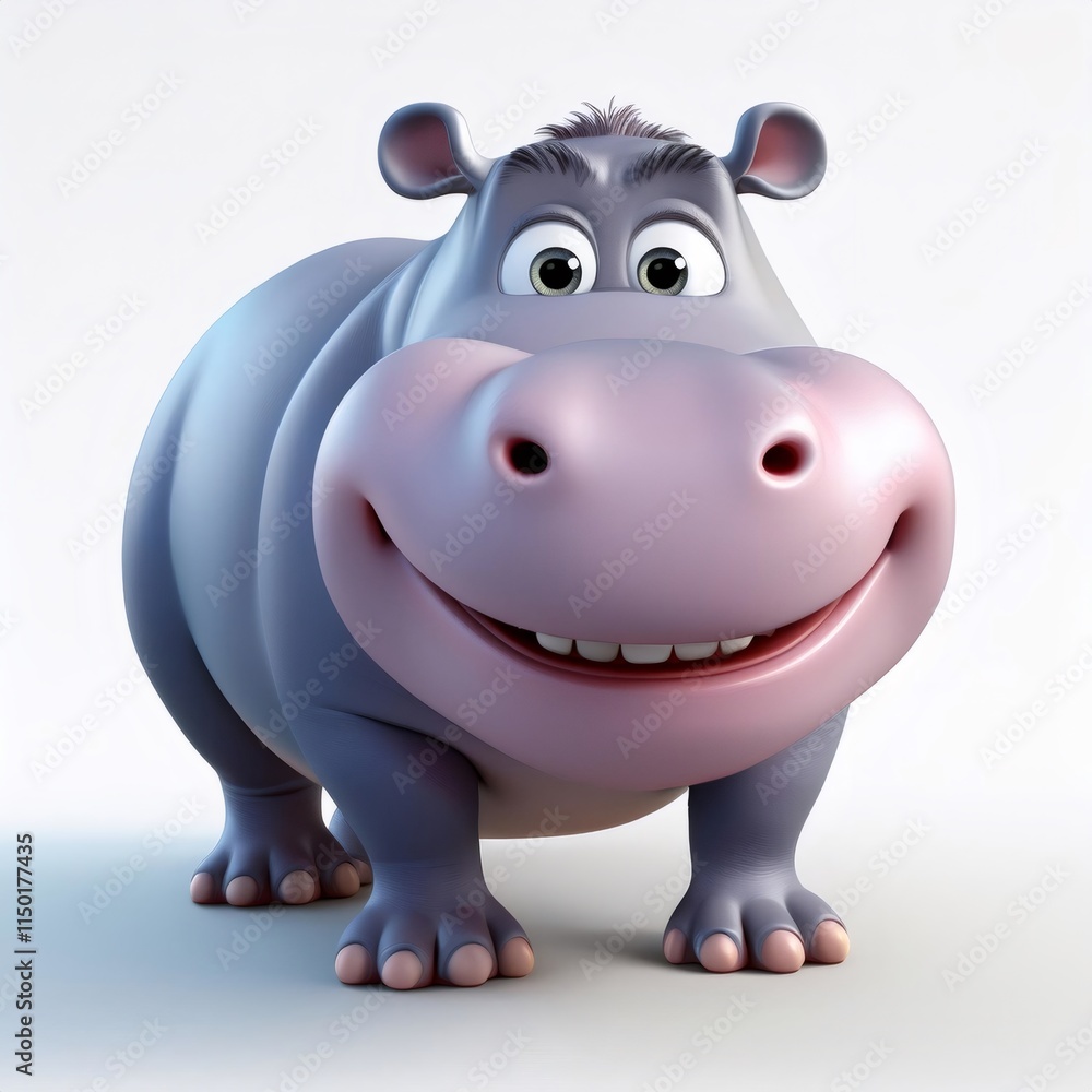 3D cartoon hippo character grinning, standing confidently on clean white surface with cheerful expression 3D cartoon hippo character grinning, standing confidently on clean white surface with cheerful expression