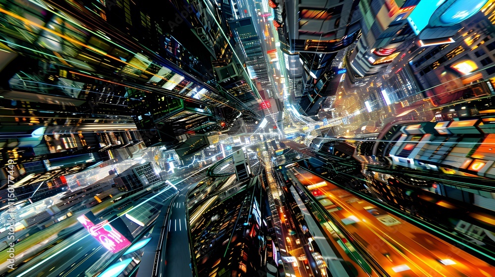Fototapeta premium Urban exploration at night reveals vibrant lights and towering structures in a bustling cityscape