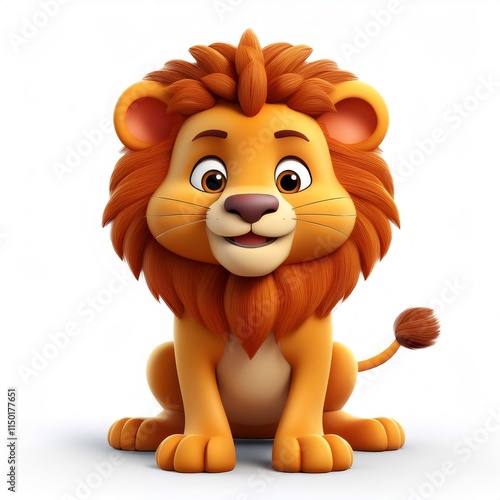 3D rendered illustration of a friendly cartoon lion cub sitting on a white background, ideal for children's books and educational materials photo