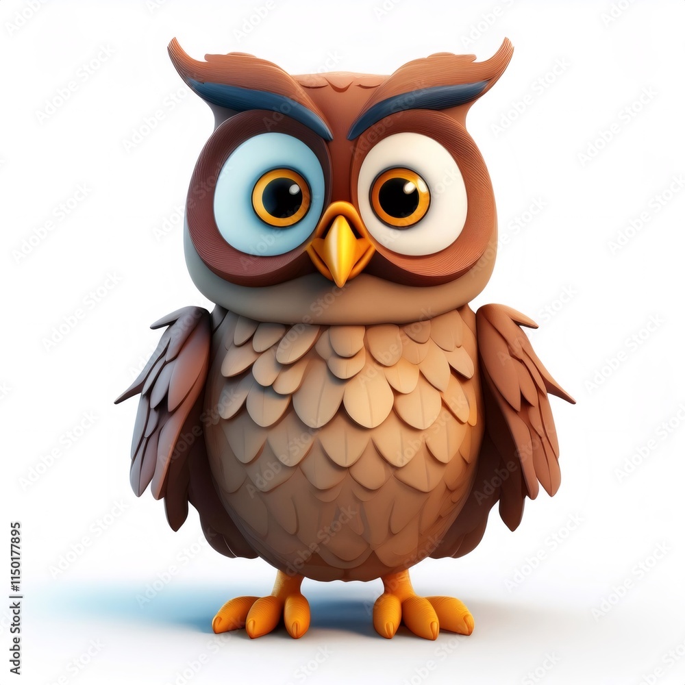 Cartoon owl standing confidently on white, displaying cute 3D rendered features with whimsical personality Cartoon owl standing confidently on white, displaying cute 3D rendered features with whimsical personality