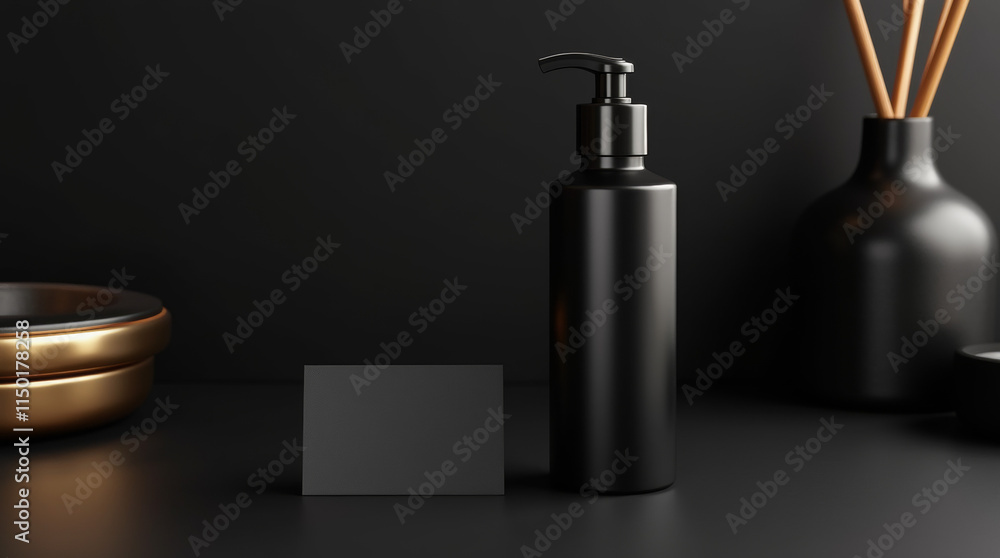 Black Shampoo or Lotion Bottle Mockup and Black Business Card in an Elegant Studio Black Shampoo or Lotion Bottle Mockup and Black Business Card in an Elegant Studio