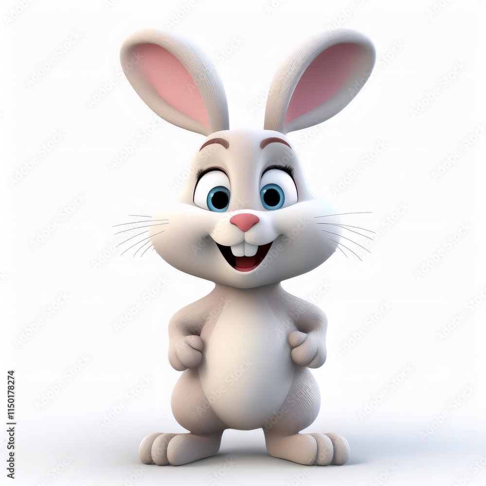 Naklejka premium Confident cartoon rabbit posing with hands on hips, grinning widely, embodying playful personality against pristine backdrop