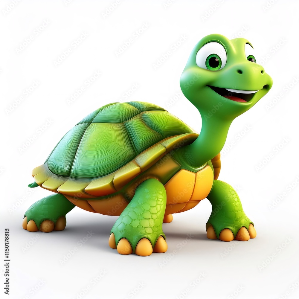 Fototapeta premium Green and orange cartoon turtle walking and smiling happily on white background, 3d render