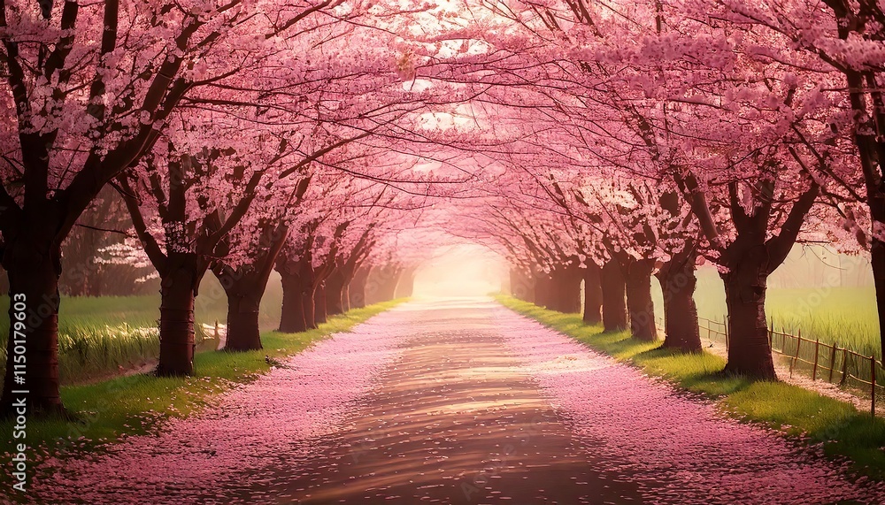 Dreamy Path Lined with Blooming Cherry Blossom Trees in Soft Pink Tones with Scattered Petals Dreamy Path Lined with Blooming Cherry Blossom Trees in Soft Pink Tones with Scattered Petals