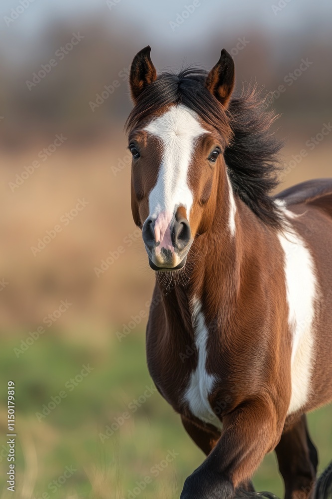 A brown and white horse running in a grassy field with a blurred background. A brown and white horse running in a grassy field with a blurred background.