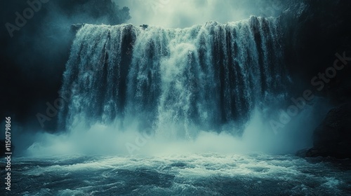 Majestic waterfall, cascading water, misty scene.