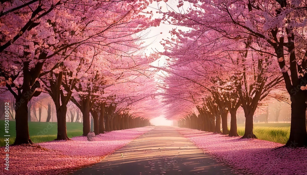 Fototapeta premium Dreamy Path Lined with Blooming Cherry Blossom Trees in Soft Pink Tones with Scattered Petals