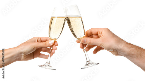 Cheers with champagne glasses, celebrating special moment. Isolated on white background.