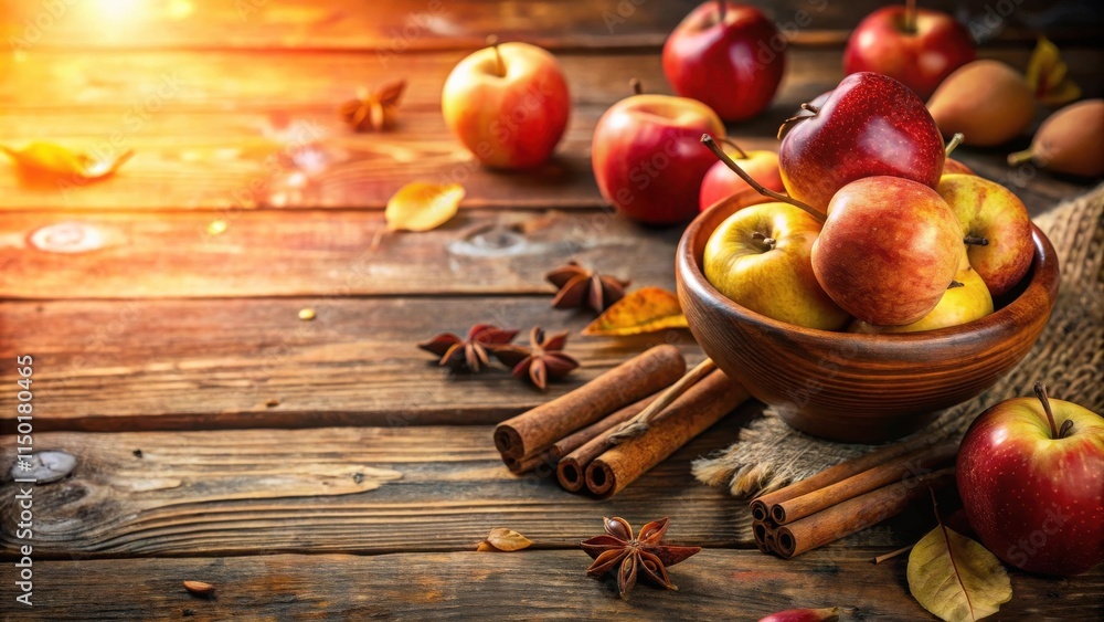 Autumnal Abundance A Rustic Bowl of Crisp Apples, Cinnamon Sticks, and Star Anise on a Wooden Table Autumnal Abundance A Rustic Bowl of Crisp Apples, Cinnamon Sticks, and Star Anise on a Wooden Table