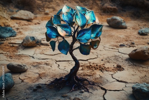 A metallic tree with vibrant blue leaves stands resiliently on cracked, arid earth. photo