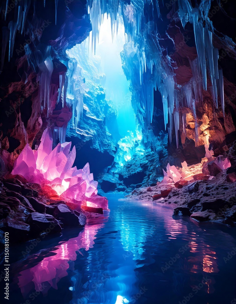 Magical Cave Filled with Glowing Crystals in Blue and Pink Shades with Reflections Magical Cave Filled with Glowing Crystals in Blue and Pink Shades with Reflections