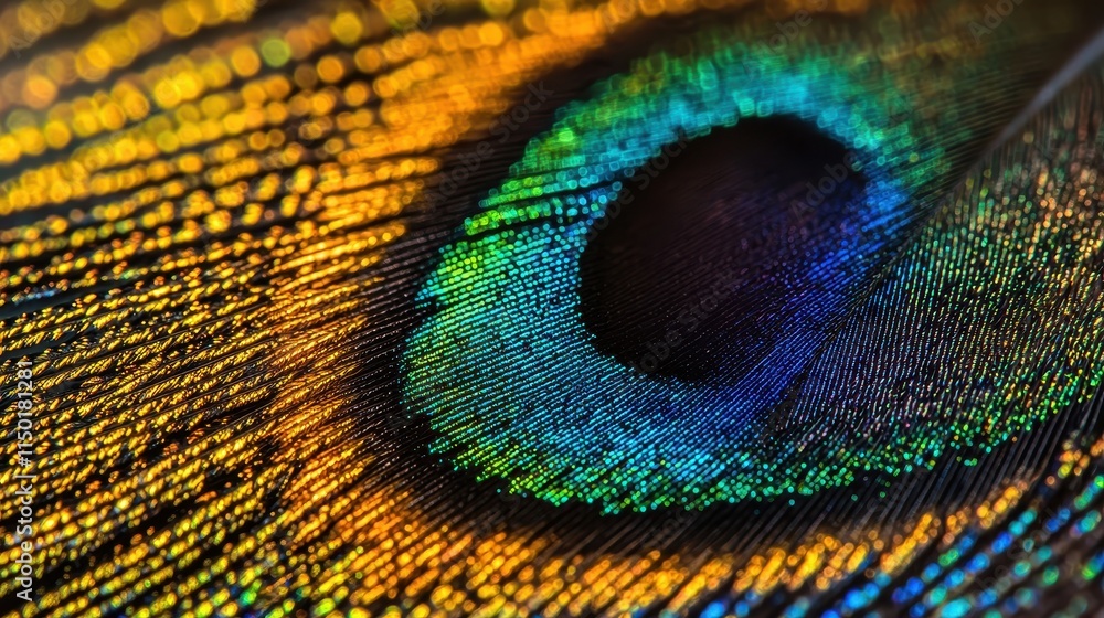 Obraz premium Vibrant close-up of a peacock feather showcasing iridescent colors.