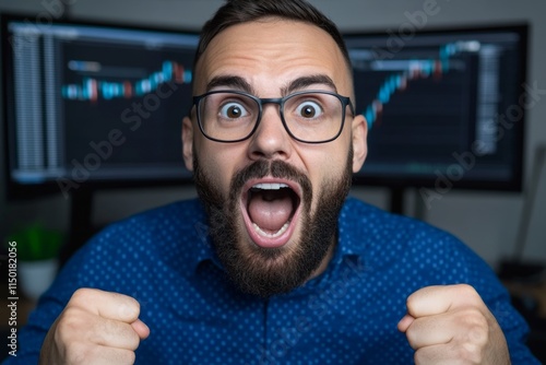 A dynamic action shot of a forex trader in a fast-paced environment, capturing the excitement of closing a profitable trade photo