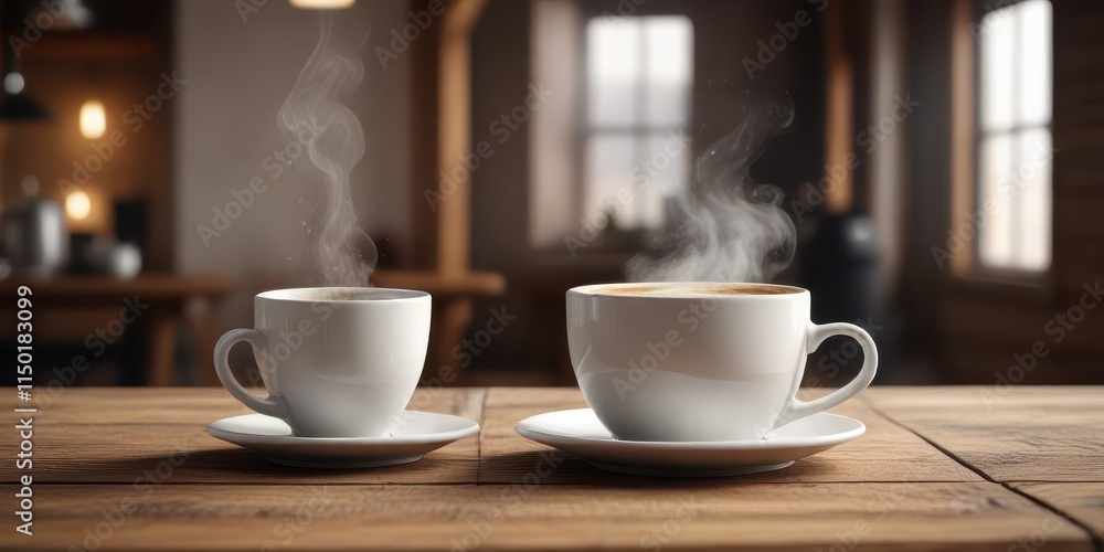 Rustic white coffee cup with steam on wooden table , flame, wood, white Rustic white coffee cup with steam on wooden table , flame, wood, white