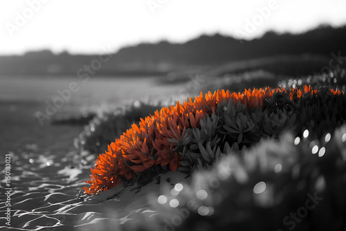 Black and White Beach Landscape with Vibrant Orange Accents and Golden Hour Glow photo