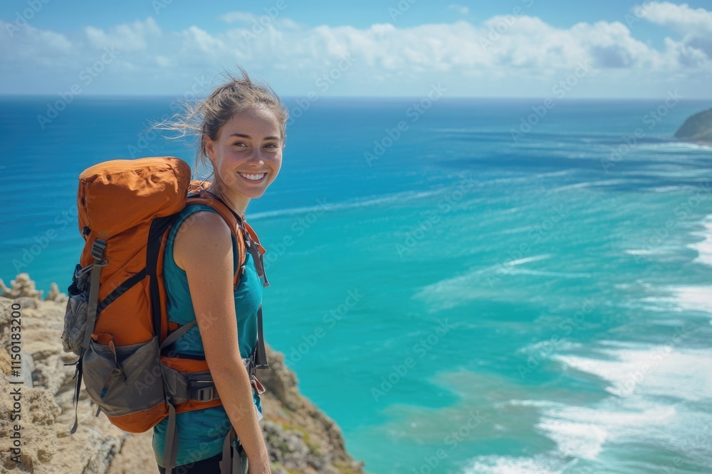 A smiling woman with an orange backpack enjoys a scenic coastal hike on a sunny day. A smiling woman with an orange backpack enjoys a scenic coastal hike on a sunny day.