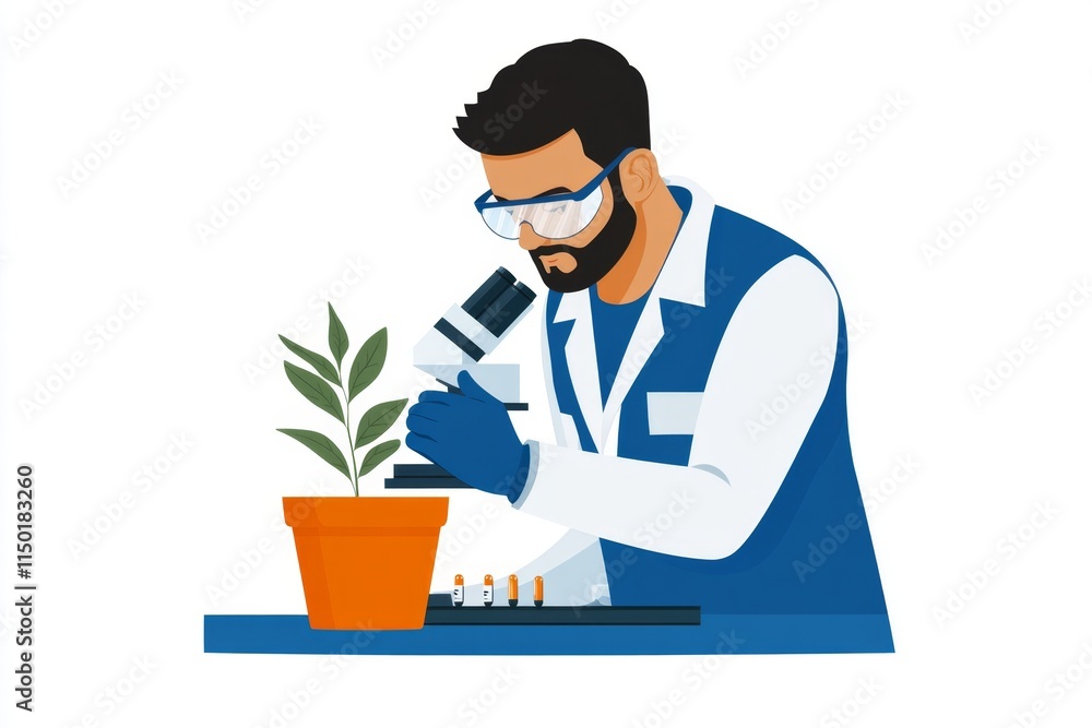 A flat design of a scientist examining a glowing GMO plant under a microscope, with a clean white backdrop A flat design of a scientist examining a glowing GMO plant under a microscope, with a clean white backdrop