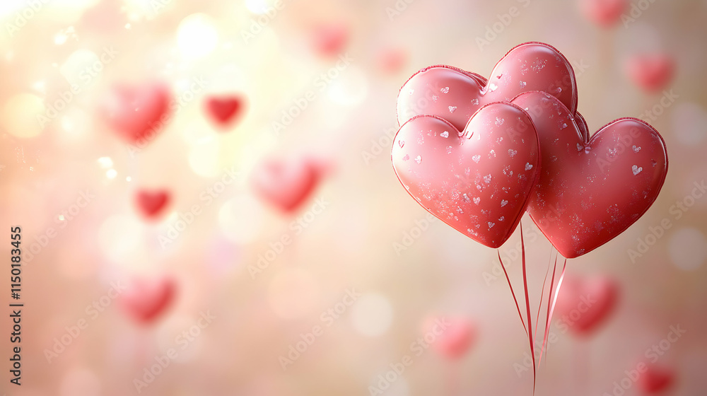 A cluster of heart-shaped balloons against a soft, dreamy background.