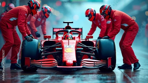 Formula 1 Race Car Pit Crew in Action During a Race