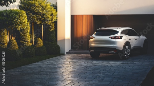 A sleek silver car parked in a modern driveway with landscaped greenery.