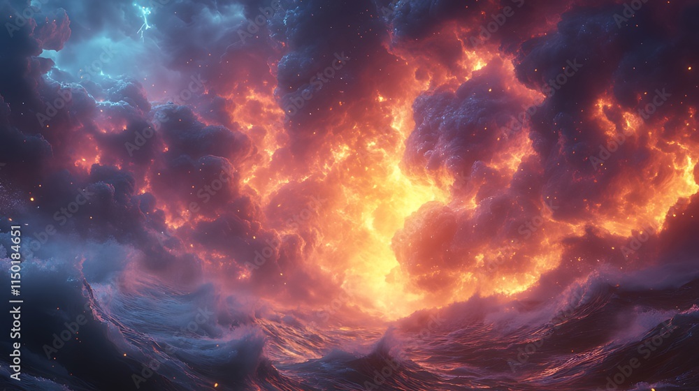 Fiery inferno cloudscape over stormy ocean. Fiery inferno cloudscape over stormy ocean.