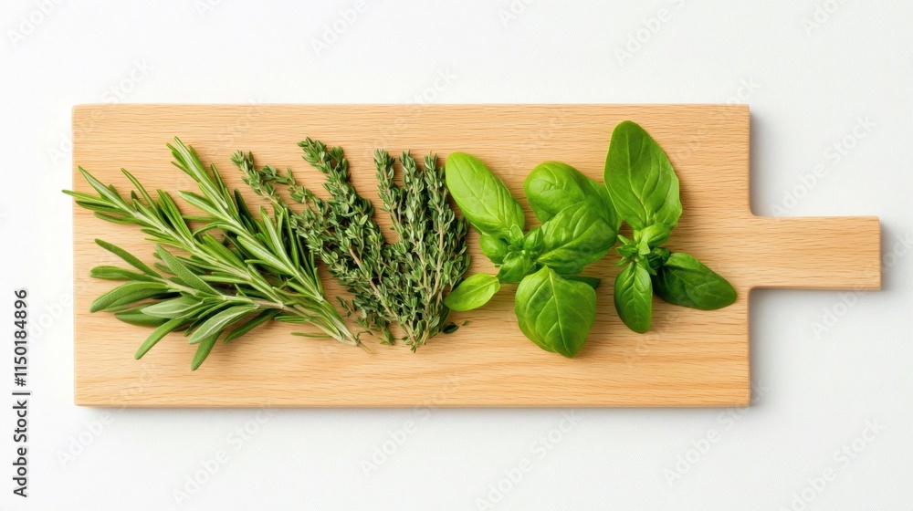 Fresh Culinary Herbs on Wooden Cutting Board with Natural Background Fresh Culinary Herbs on Wooden Cutting Board with Natural Background