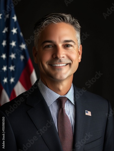 Digital Glitch Flag Portrait - A man in a suit, patriotic symbol, digital distortion, American flag backdrop, professional headshot.