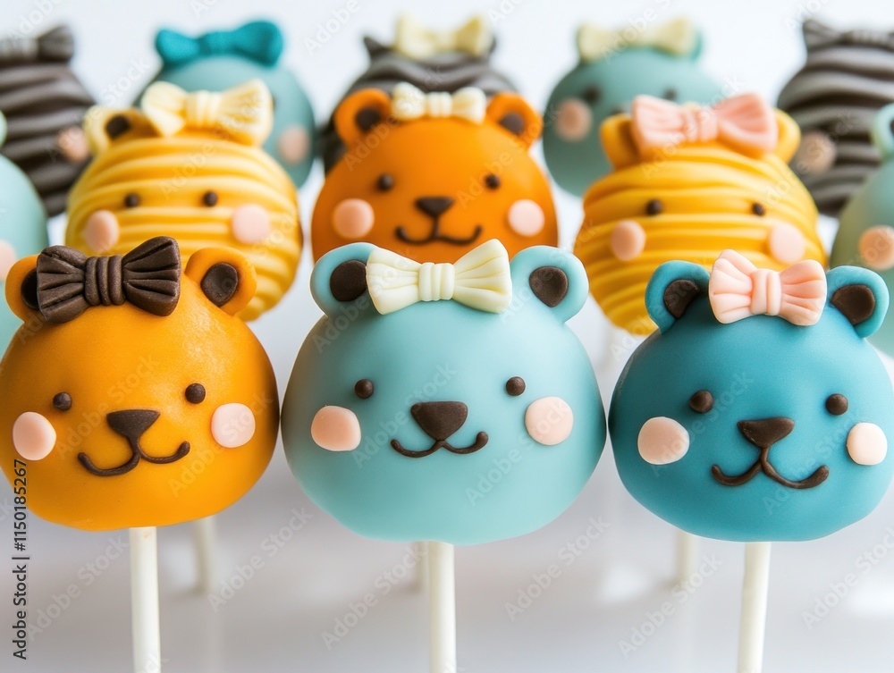 Obraz premium Colorful bear-shaped cake pops with bows, perfect for parties and celebrations.