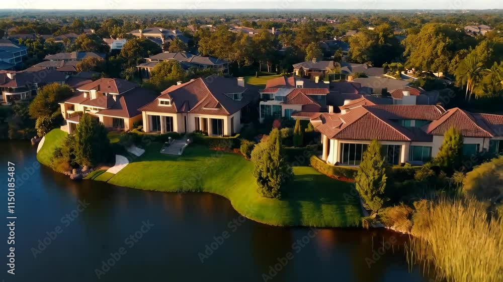Aerial view of luxurious lakeside homes at sunset Aerial view of luxurious lakeside homes at sunset