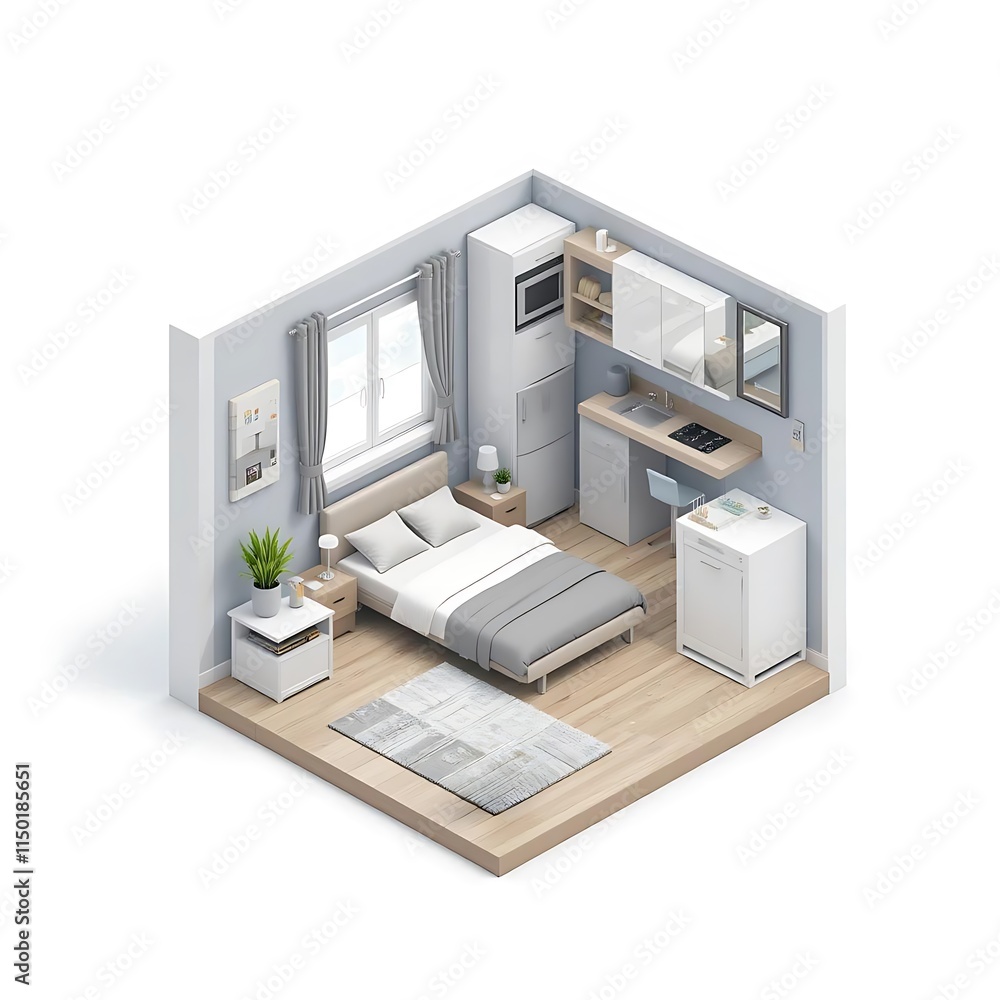 Modern Studio Apartment Isometric View Minimalist Bedroom Kitchen Design Modern Studio Apartment Isometric View Minimalist Bedroom Kitchen Design
