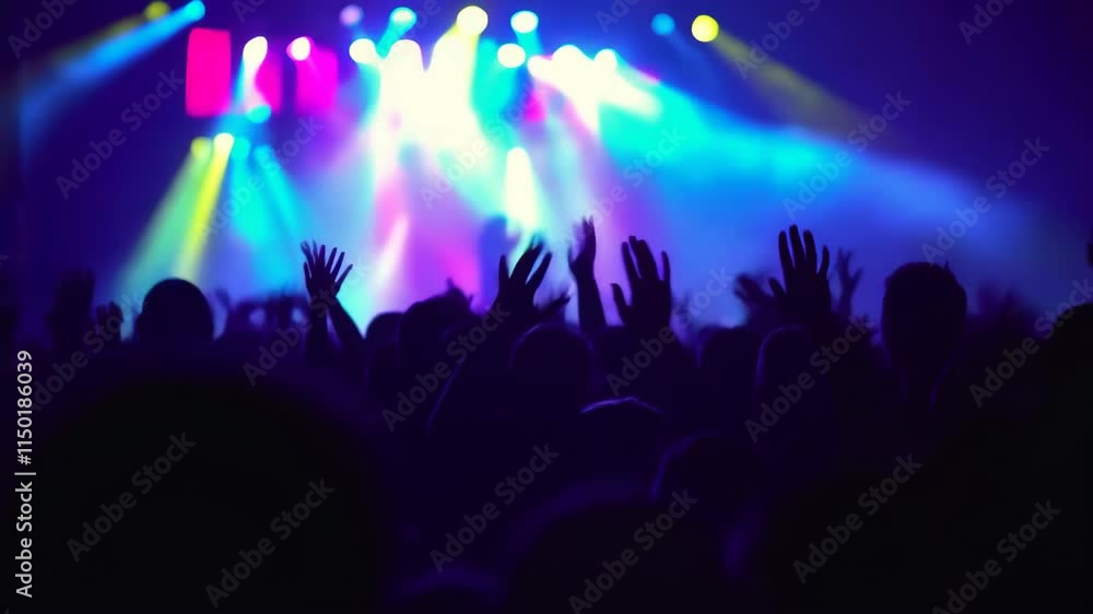 Crowd Celebrating at a Live Concert Scene with Colorful Lights Footage Crowd Celebrating at a Live Concert Scene with Colorful Lights Footage
