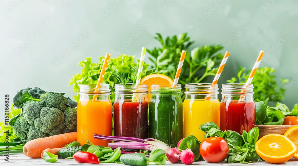 Fresh Vegetable Juices Collection on Table with Bokeh Effect. A Variety of Nutritious Drinks and Veggies Displayed. Fresh Vegetable Juices Collection on Table with Bokeh Effect. A Variety of Nutritious Drinks and Veggies Displayed.