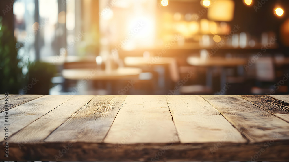 A wooden table in a cozy caf? setting with warm lighting. A wooden table in a cozy caf? setting with warm lighting.