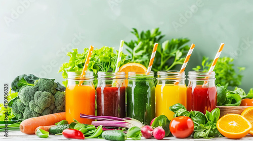 Fresh Vegetable Juices Collection on Table with Bokeh Effect. A Variety of Nutritious Drinks and Veggies Displayed.