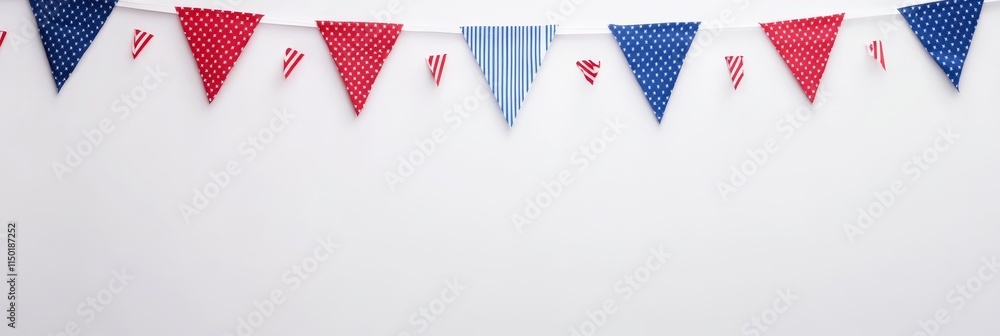 Obraz premium Festive Bunting Light Gray Background - Celebratory bunting, red, white, and blue, patriotic, festive, joyful, holiday.