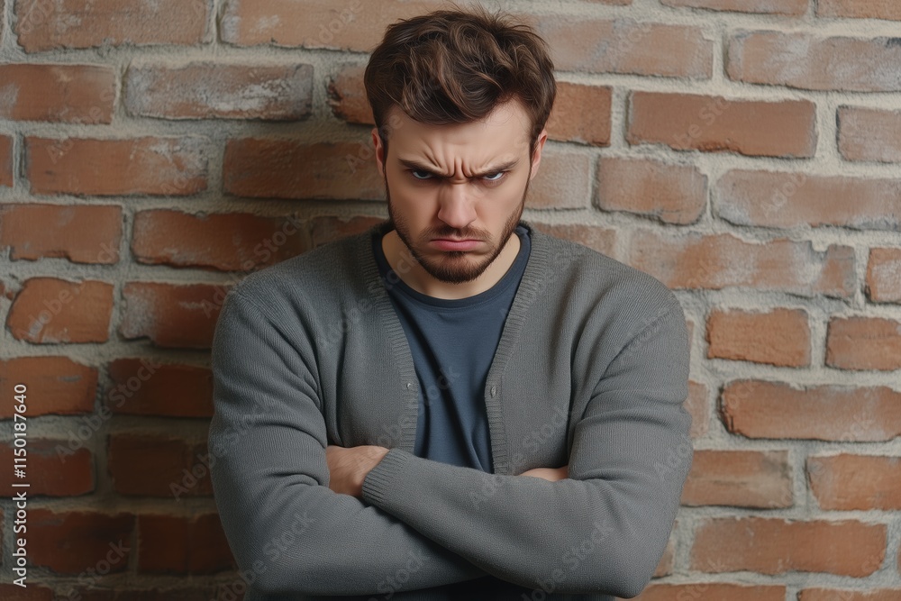 A young man with a serious expression, arms crossed, standing against a brick wall. He appears frustrated or upset, wearing a gray cardigan over a blue shirt. A young man with a serious expression, arms crossed, standing against a brick wall. He appears frustrated or upset, wearing a gray cardigan over a blue shirt.