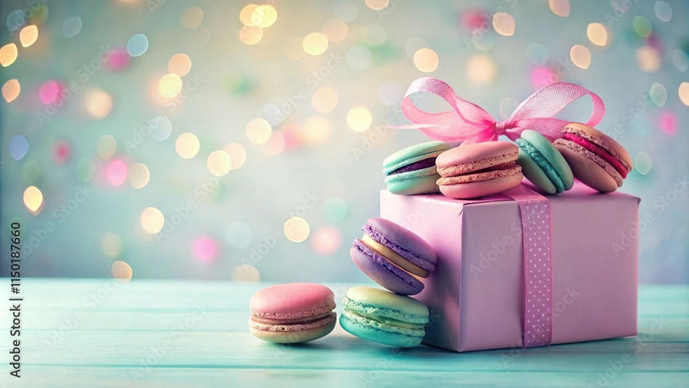 Delightful pastel macarons atop a pink gift box with a ribbon, presented on a light teal surface against a bokeh background. Delightful pastel macarons atop a pink gift box with a ribbon, presented on a light teal surface against a bokeh background.