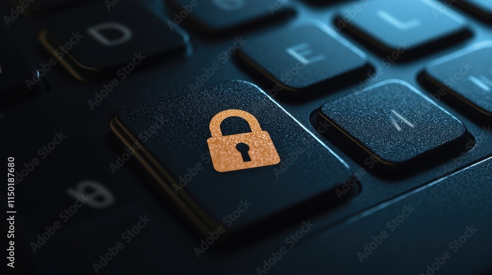 Close-up of a keyboard key featuring a golden padlock symbolizing security. Close-up of a keyboard key featuring a golden padlock symbolizing security.