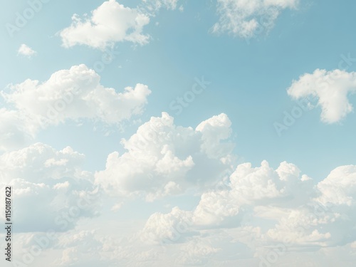 Vast expanse of pale blue sky, fluffy white cumulus clouds drift lazily, nature, open, weather