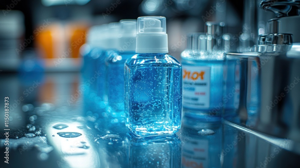 Several blue hand sanitizer bottles on a stainless steel surface. Several blue hand sanitizer bottles on a stainless steel surface.